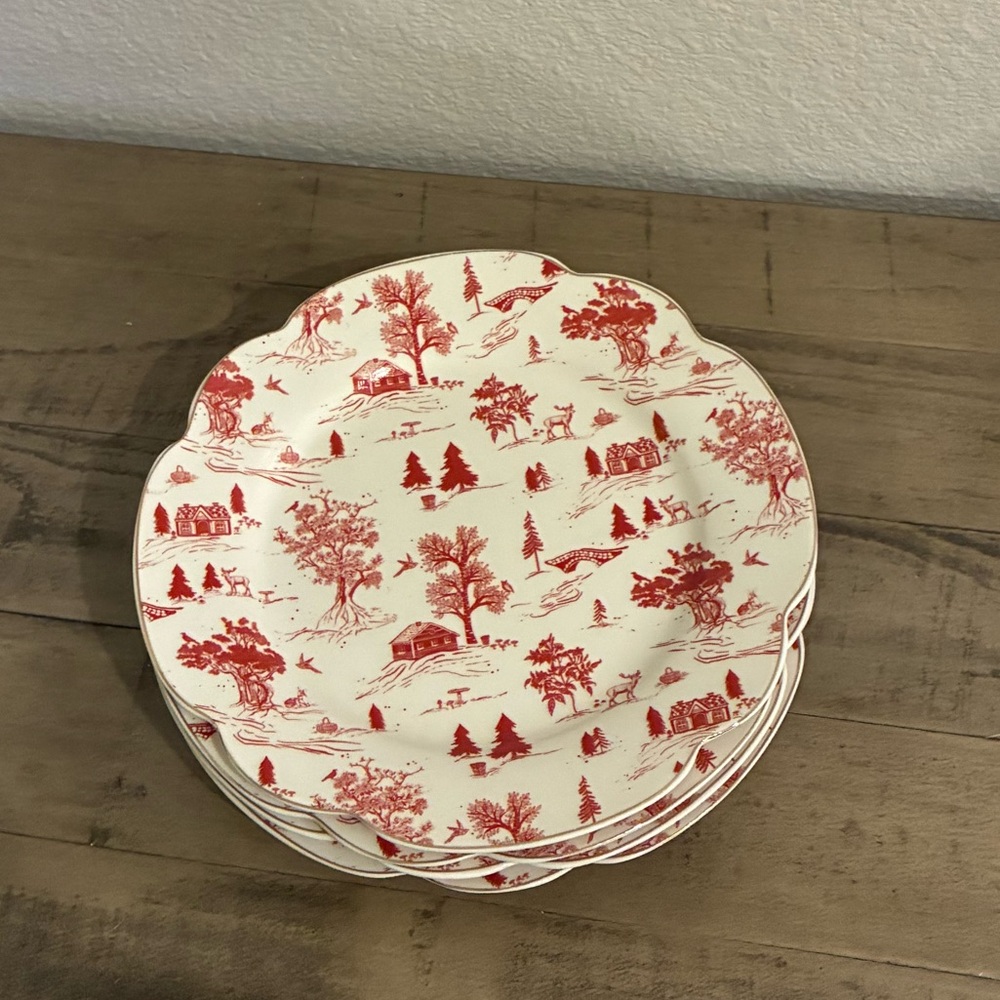 Set of 4 Salad Plates with Christmas Scene.